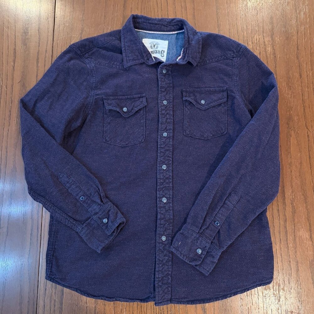 Roebuck & Co Mens L Purple Herringbone Western Pearl Snap Shirt 100% Cotton